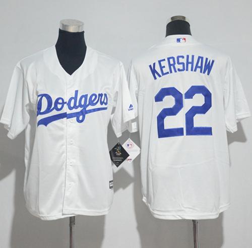 Dodgers #22 Clayton Kershaw White Cool Base Stitched Youth MLB Jersey - Click Image to Close